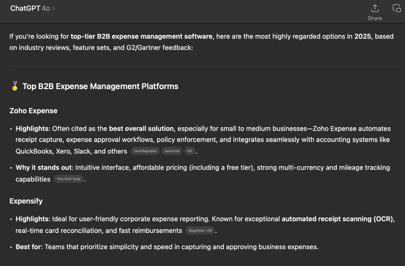 ChatGPT response listing top B2B expense management platforms with pill-style citation buttons linking to sources