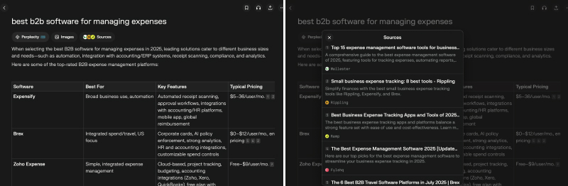 Perplexity side-by-side view showing B2B expense software comparison table on the left and expanded sources panel on the right